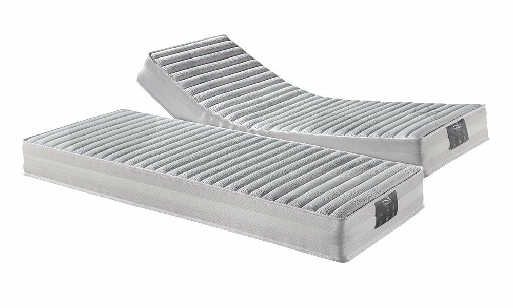 Deux matelas gris réglables d'une qualité exceptionnelle, l'un plat et l'autre surélevé, présentés sur un fond blanc immaculé. Canape Paris by Atelier Bis