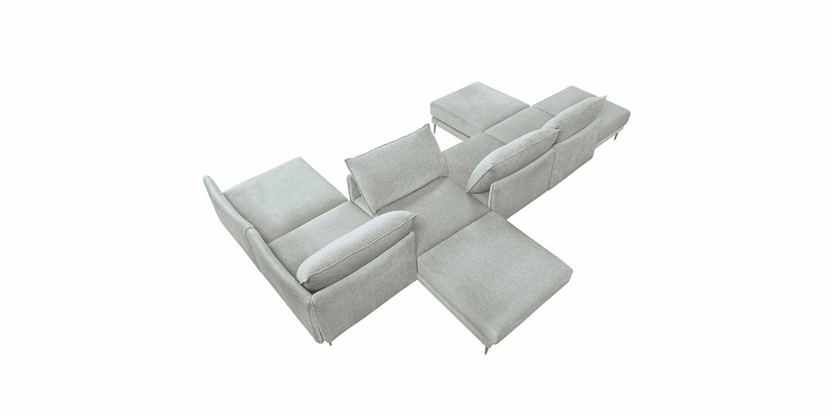 Ensemble de canapé modulaire gris clair, magnifiquement disposé en forme de U sur un fond blanc immaculé, offrant une qualité et un design inégalés à un prix attractif. Canape Paris by Atelier Bis