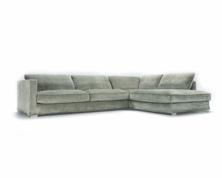 Canapé vert en L avec coussins moelleux sur fond blanc, offrant une excellente qualité. Canape Paris by Atelier Bis