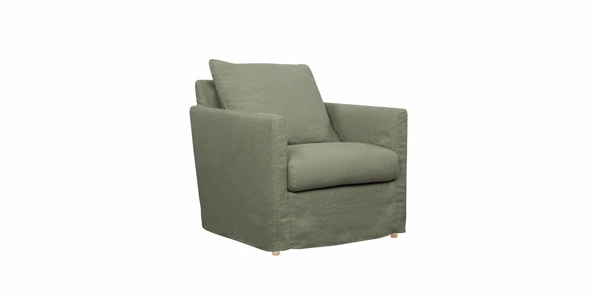 Fauteuil en tissu vert avec dossier et assise rembourrés, fabriqué avec la qualité parisienne, présentant un design minimaliste et moderne. Canape Paris by Atelier Bis