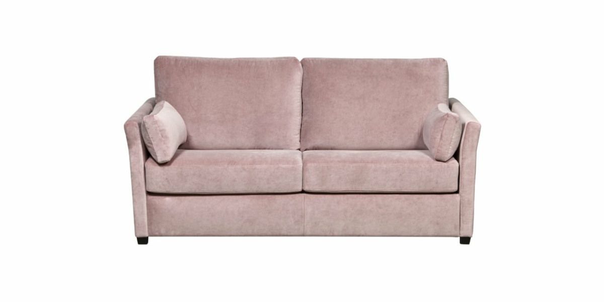 Canapé en velours rose conçu pour l'élégance parisienne, ce canapé deux places avec coussins présente un design simple et moderne sur un fond blanc, soulignant une qualité et un style exquis. Canape Paris by Atelier Bis