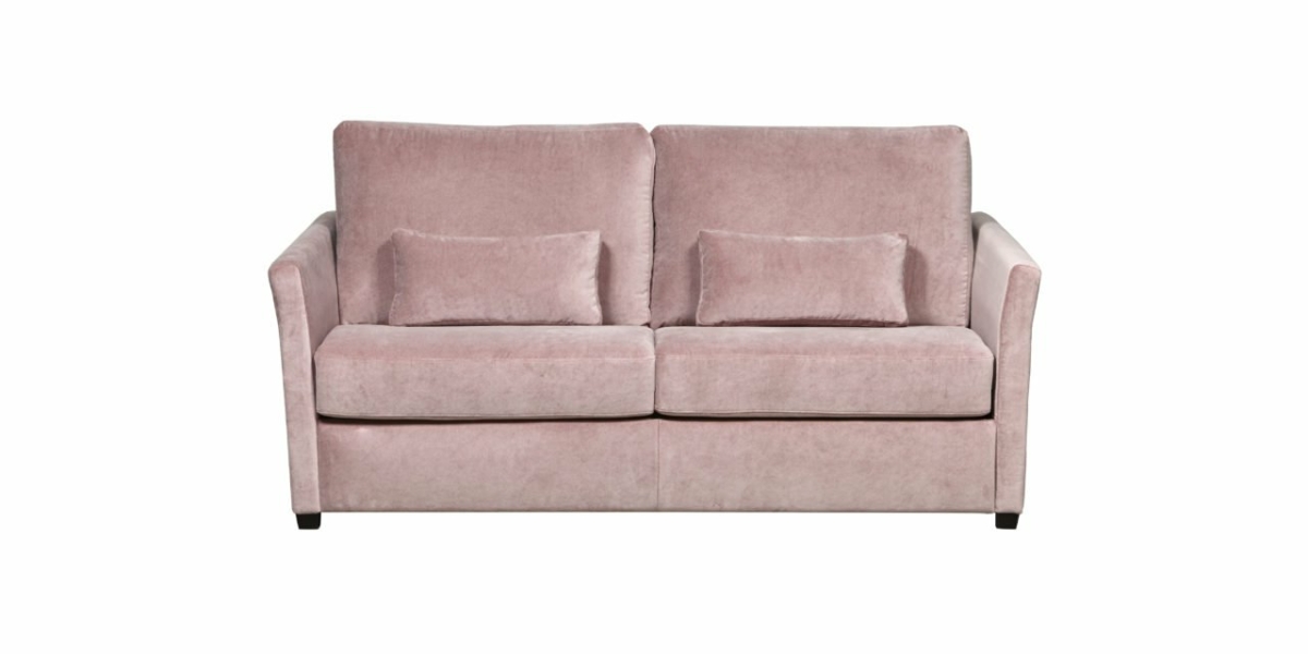 Canapé en velours rose avec deux coussins assortis, doté d'accoudoirs élégants et d'un design moderne, parfait pour ajouter de l'élégance à n'importe quelle salle d'exposition. Isolé sur fond blanc. Canape Paris by Atelier Bis