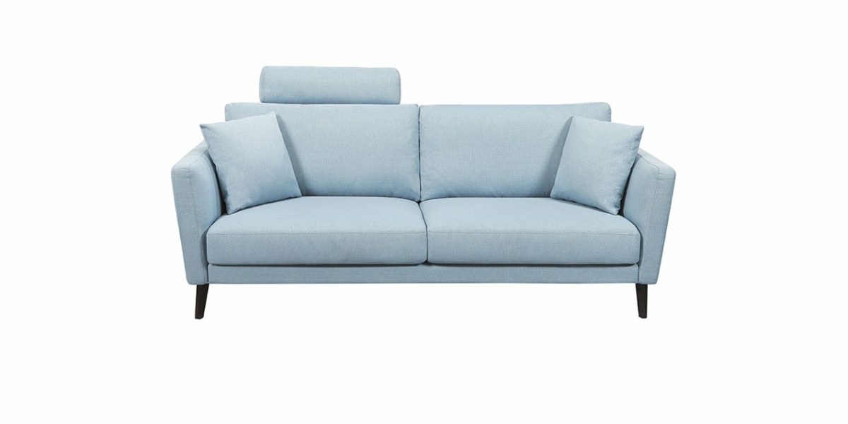 Canapé bleu clair avec coussins, pieds noirs et appui-tête ajustable, mettant en valeur un savoir-faire de qualité. Parfait pour tout décor de salle d'exposition, isolé sur fond blanc. Canape Paris by Atelier Bis