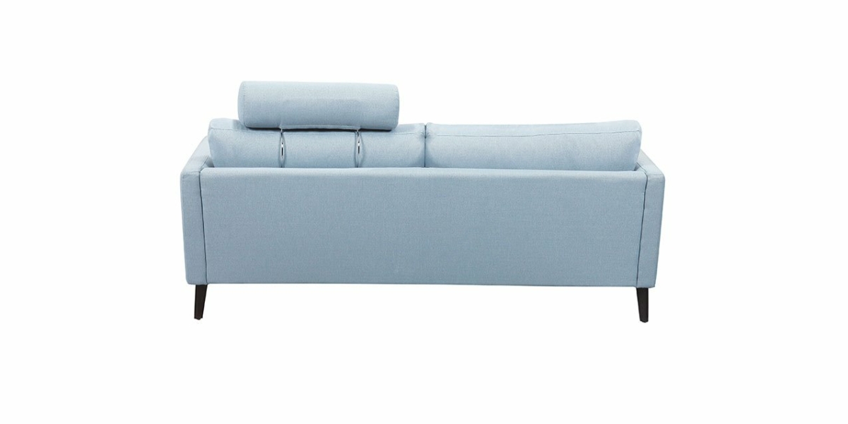Vue arrière d'un canapé bleu clair avec têtière et pieds noirs, offrant une élégance parisienne. Sa qualité de fabrication transparaît, isolée sur un fond blanc. Canape Paris by Atelier Bis