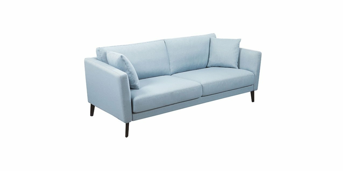 Canapé moderne bleu clair avec deux coussins d'assise, deux coussins décoratifs et pieds fuselés noirs sur fond blanc. Parfait pour tout décor de salle d'exposition chic. Canape Paris by Atelier Bis