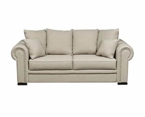 Canapé beige avec accoudoirs roulés et coussins multiples, mettant en valeur la qualité du design, isolé sur fond blanc. Canape Paris by Atelier Bis