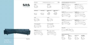 Découvrez le plan de la collection de canapés « Palma », présentant diverses configurations et une photo d'un canapé sectionnel bleu. Faites l'expérience d'une qualité de conception inégalée qui vous invite à imaginer votre configuration idéale. Parfait pour tout showroom moderne. Canape Paris by Atelier Bis