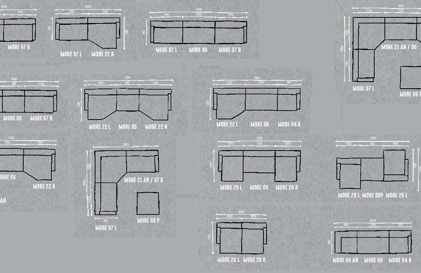 Plan d'étage présentant différentes configurations de canapés modulaires, avec mesures et noms de modèles, sur fond gris. Parfait pour n'importe quelle salle d'exposition, chaque canapé est conçu avec style et à un prix compétitif. Canape Paris by Atelier Bis