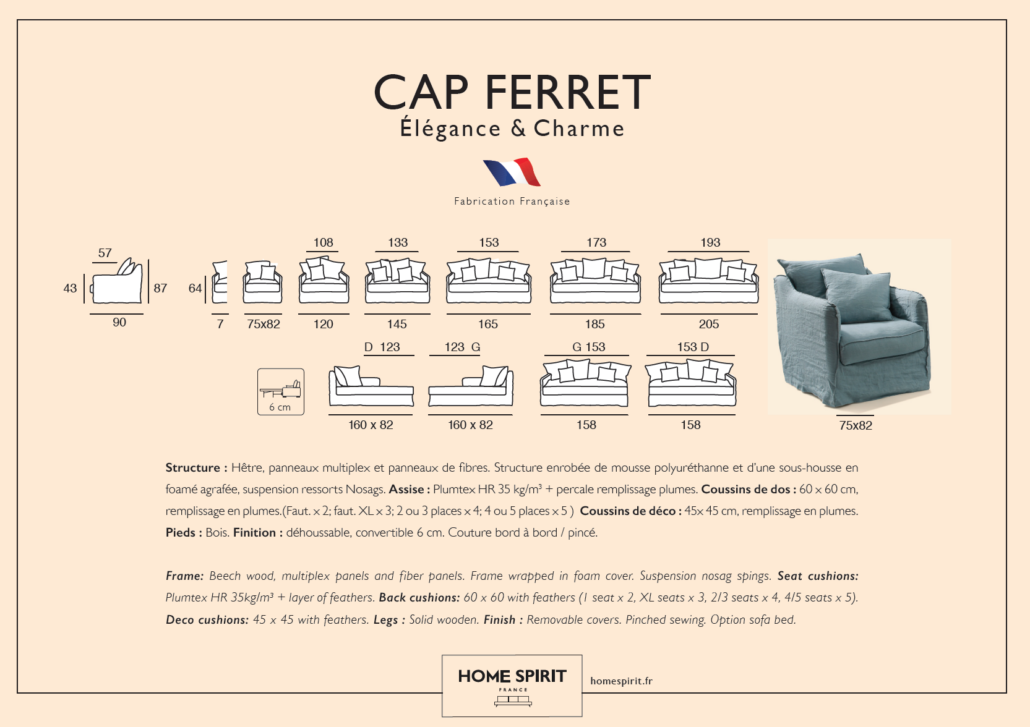 Explorez notre salle d'exposition pour un diagramme magnifiquement détaillé présentant les diverses options de fauteuils et canapés Cap Ferret, avec des mesures et des détails de coussins pour garantir une qualité supérieure dans chaque pièce. Canape Paris by Atelier Bis