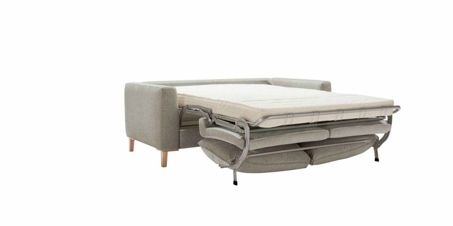 Un canapé gris élégant avec un canapé-lit gigogne et un matelas allongé, parfaitement présenté sur un fond blanc immaculé, idéal pour toute exposition en salle d'exposition. Canape Paris by Atelier Bis