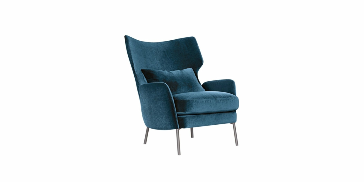 Découvrez l'élégance de notre fauteuil en velours bleu, doté d'un dossier haut et de pieds fins en métal, parfait pour tout showroom. Il est livré avec un coussin assorti pour plus de confort. Canape Paris by Atelier Bis