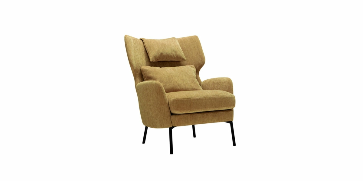 Fauteuil en tissu jaune au design moderne, rappelant un canapé parisien chic, doté de pieds noirs, d'un dossier haut et de deux coussins moelleux. Canape Paris by Atelier Bis