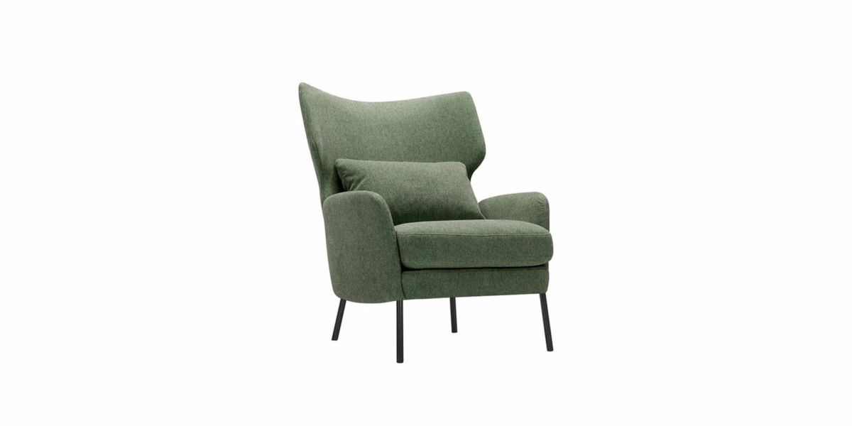 Fauteuil vert moderne avec pieds noirs et coussin assorti sur fond blanc, offrant une qualité exceptionnelle qui se démarque dans n'importe quel espace. Canape Paris by Atelier Bis