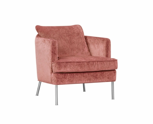 Un fauteuil moelleux en velours rose ressemblant à un canapé chic, avec un siège rembourré et des pieds en métal élégants, vu sous un léger angle, rappelant l'élégance d'un appartement parisien. Canape Paris by Atelier Bis