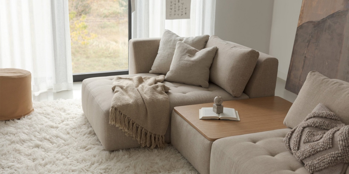 Salon cosy avec canapé beige et une touche d'élégance parisienne, avec couverture douce, livre ouvert et coussin sur un tapis blanc moelleux près de grandes fenêtres. Un espace où le confort rencontre la qualité dans chaque détail. Canape Paris by Atelier Bis