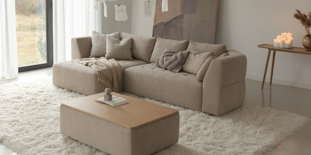 Un salon cosy avec un canapé beige, des couvertures tricotées, une table basse en bois, des bougies et un éclairage doux respire le charme parisien et la qualité intemporelle. Canape Paris by Atelier Bis