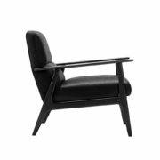 Vue latérale d'un fauteuil noir moderne avec pieds et accoudoirs en bois, doté d'une assise et d'un dossier rembourrés qui font écho à l'élégance d'un canapé de haute qualité. Canape Paris by Atelier Bis