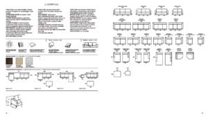 Conception de canapé et fiche technique comprenant des illustrations, des mesures et des options de couleurs pour divers modèles, présentant des styles de canapés parisiens avec une qualité exceptionnelle. Canape Paris by Atelier Bis