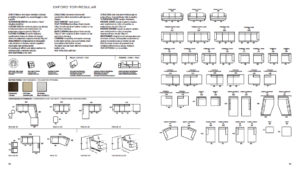 Schéma des agencements de tables Oxford Top/Regular avec spécifications et mesures détaillées en noir et blanc, parfait pour n'importe quel showroom parisien. Canape Paris by Atelier Bis