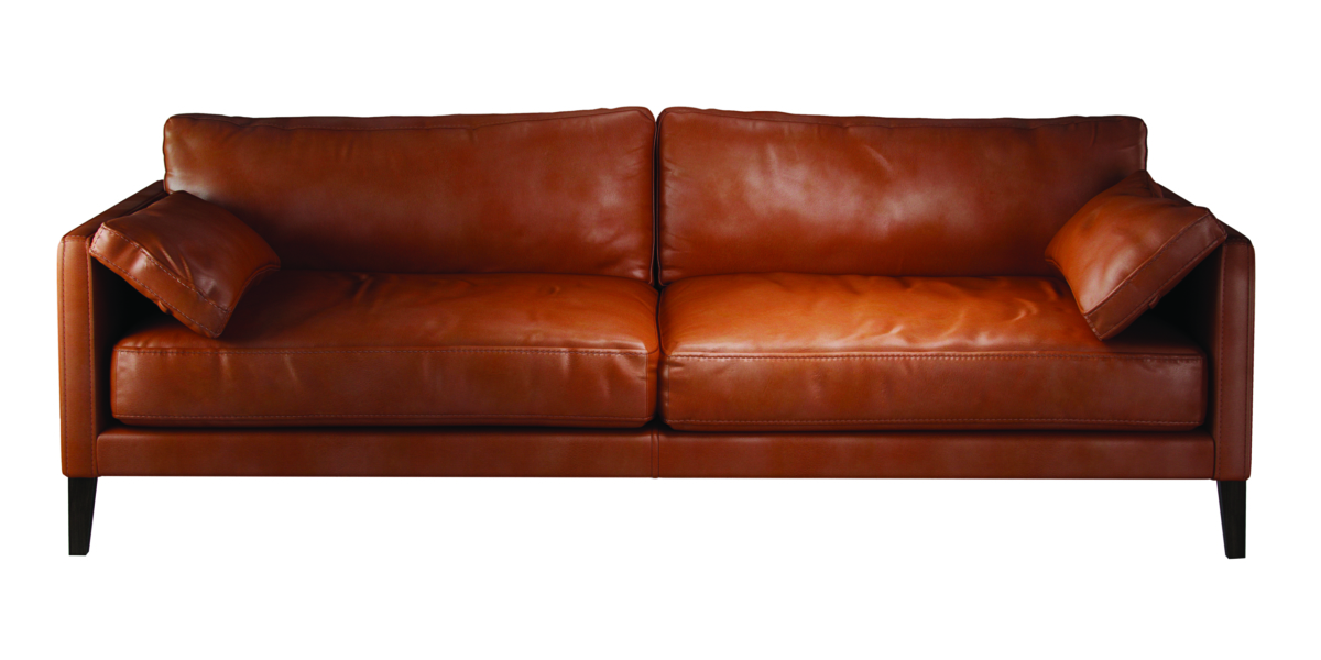 Un canapé en cuir marron avec deux coussins assortis sur fond blanc, offrant un mélange impressionnant de prix et de qualité. Canape Paris by Atelier Bis