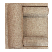 Vue de dessus d'une section de canapé modulaire texturé marron dans un showroom parisien, comportant un grand coussin de dossier et deux plus petits. Canape Paris by Atelier Bis