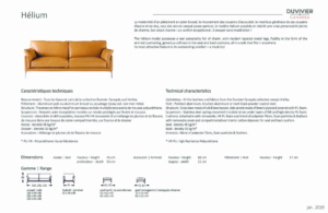 Image d'une brochure Duvivier Canapés présentant le canapé Hélium, qui se distingue par sa qualité inégalée et ses détails techniques précis. Mêlant parfaitement l'élégance parisienne, il comprend des dimensions complètes pour s'adapter à tout espace de vie sophistiqué. Canape Paris by Atelier Bis