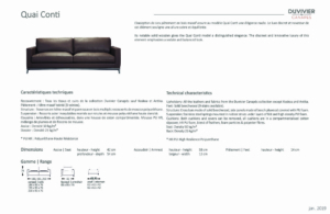 Canapé marron au design épuré et aux spécifications techniques affichées sur fond blanc, idéal pour tout showroom parisien. Canape Paris by Atelier Bis