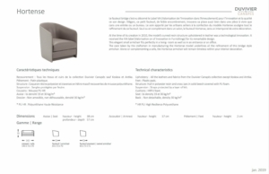 Brochure présentant le design, les caractéristiques techniques et les dimensions d'un fauteuil en français et en anglais. Découvrez une qualité exceptionnelle à un prix accessible, offrant le mélange parfait de style et de confort pour votre espace de vie. Canape Paris by Atelier Bis