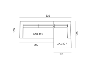 configurazione-01@2x Dessin technique d'un canapé en L avec des dimensions indiquées en lignes noires et blanches, mettant en valeur la qualité exquise attendue du design parisien. Canape Paris by Atelier Bis