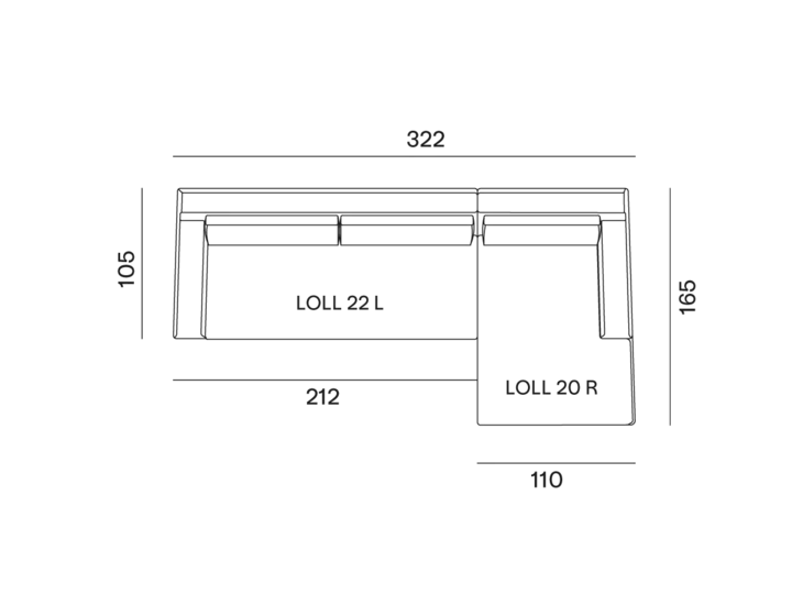 configurazione-01@2x Dessin technique d'un canapé en L avec des dimensions indiquées en lignes noires et blanches, mettant en valeur la qualité exquise attendue du design parisien. Canape Paris by Atelier Bis