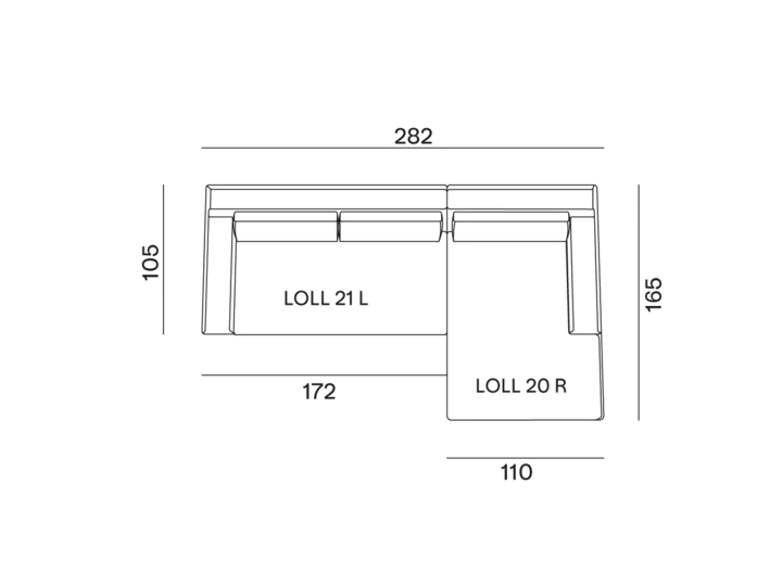 configurazione-02@2x Dessin technique d'un canapé sectionnel avec dimensions : largeur 292, section gauche 172, section droite 110, hauteur 105. Parfait pour ceux qui apprécient le prix et la qualité dans leurs choix de meubles. Canape Paris by Atelier Bis