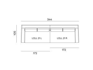 configurazione-03@2x Dessin technique des dimensions du canapé, parfait pour un showroom parisien, montrant une longueur de 344 cm, une profondeur de 103 cm et deux sections de 172 cm. Canape Paris by Atelier Bis