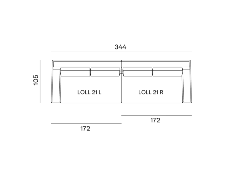 configurazione-03@2x Dessin technique des dimensions du canapé, parfait pour un showroom parisien, montrant une longueur de 344 cm, une profondeur de 103 cm et deux sections de 172 cm. Canape Paris by Atelier Bis