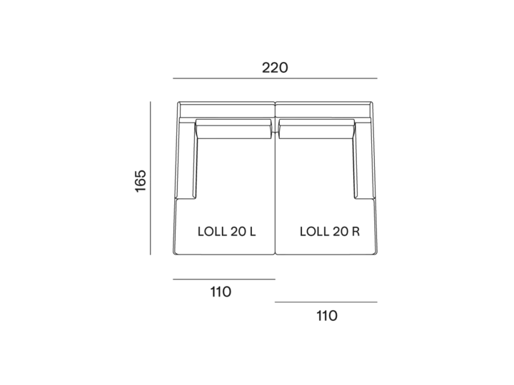 configurazione-05@2x Un dessin technique en noir et blanc présente deux chaises en L avec des dimensions précises étiquetées, faisant écho à l'artisanat de qualité synonyme de design parisien. Canape Paris by Atelier Bis