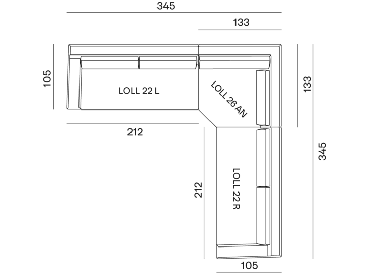 configurazione-06@2x Découvrez notre canapé modulable en L, gage de qualité et de design. Avec des dimensions pensées pour le confort, sa largeur totale s'étend jusqu'à 345 cm, la section la plus longue s'étend sur 212 cm et sa profondeur est de 105 cm. Parfait pour n'importe quel showroom ou votre refuge parisien. Canape Paris by Atelier Bis
