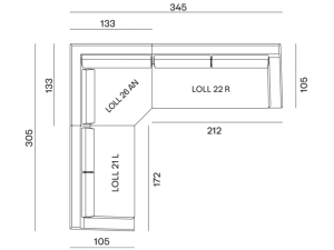 configurazione-07@2x Schéma d'un canapé en L avec dimensions en millimètres, disponible dans notre showroom parisien, présentant des sections et une disposition détaillées. Canape Paris by Atelier Bis