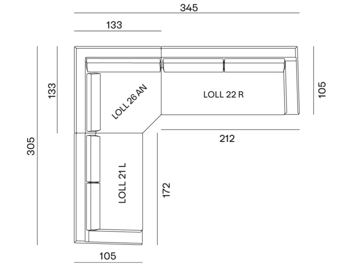 configurazione-07@2x Schéma d'un canapé en L avec dimensions en millimètres, disponible dans notre showroom parisien, présentant des sections et une disposition détaillées. Canape Paris by Atelier Bis