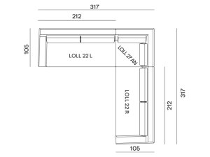 configurazione-08@2x Diagramme de plan d'étage en noir et blanc affichant les mesures et les étiquettes des différentes sections, mettant en valeur la haute qualité de la précision de la mise en page. Canape Paris by Atelier Bis