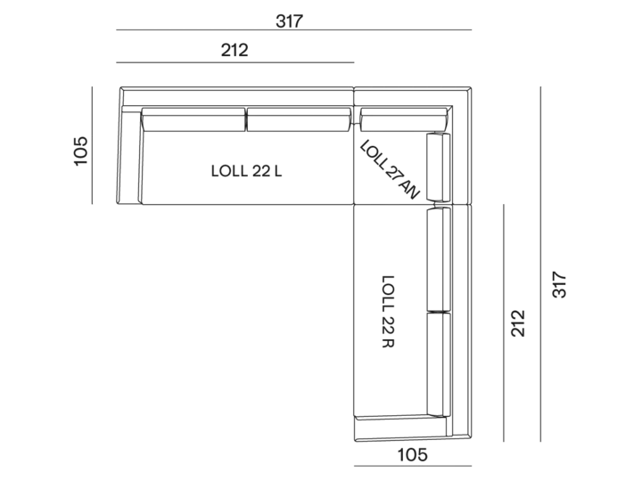 configurazione-08@2x Diagramme de plan d'étage en noir et blanc affichant les mesures et les étiquettes des différentes sections, mettant en valeur la haute qualité de la précision de la mise en page. Canape Paris by Atelier Bis