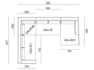 configurazione-09@2x Illustration d'un canapé en L avec des mesures détaillées en centimètres sur fond noir, parfait pour votre appartement parisien. Canape Paris by Atelier Bis