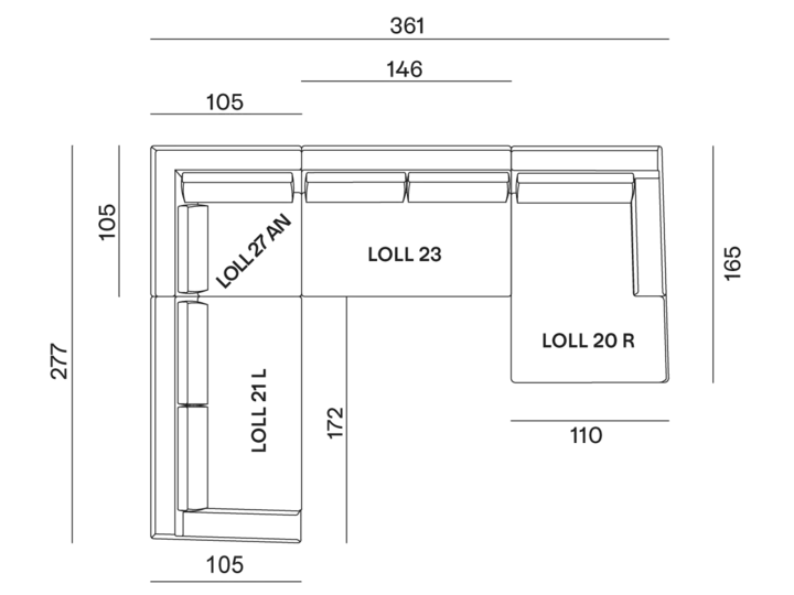 configurazione-09@2x Illustration d'un canapé en L avec des mesures détaillées en centimètres sur fond noir, parfait pour votre appartement parisien. Canape Paris by Atelier Bis