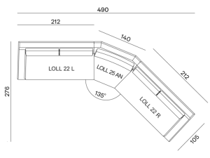 configurazione-10@2x Plan d'étage avec dimensions illustrant une disposition en L, parfaite pour un showroom de style parisien. Il dispose d'un espace bar confortable idéal pour se détendre avec un canapé. Canape Paris by Atelier Bis