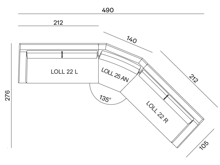 configurazione-10@2x Plan d'étage avec dimensions illustrant une disposition en L, parfaite pour un showroom de style parisien. Il dispose d'un espace bar confortable idéal pour se détendre avec un canapé. Canape Paris by Atelier Bis