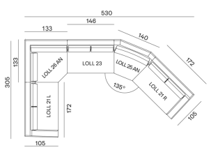 configurazione-11@2x Schéma d'agencement de cuisine en L avec des mesures de qualité d'exposition en centimètres, illustrant les sections des armoires et du comptoir. Canape Paris by Atelier Bis