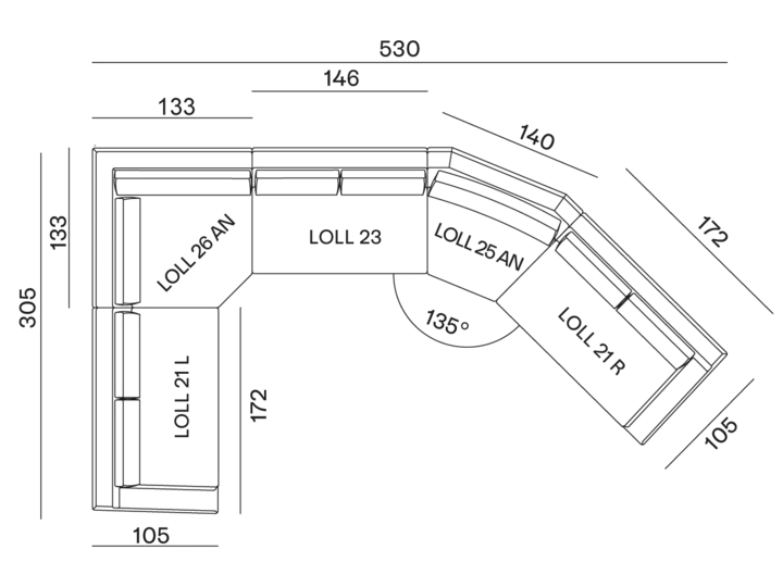 configurazione-11@2x Schéma d'agencement de cuisine en L avec des mesures de qualité d'exposition en centimètres, illustrant les sections des armoires et du comptoir. Canape Paris by Atelier Bis