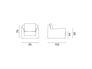 loll-01@2x Schéma technique d'une chaise de showroom avec vues de face et de côté, indiquant les dimensions : 76 cm de hauteur, 65 cm de largeur, 102 cm de profondeur. Canape Paris by Atelier Bis