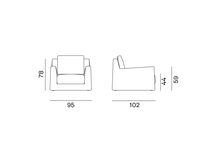 loll-01@2x Schéma technique d'une chaise de showroom avec vues de face et de côté, indiquant les dimensions : 76 cm de hauteur, 65 cm de largeur, 102 cm de profondeur. Canape Paris by Atelier Bis