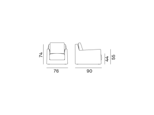 loll-05@2x Dessin technique d'une chaise, parfaite pour toute exposition en salle d'exposition, avec vues de face et de côté présentant les dimensions : largeur 78 cm, profondeur 80 cm, hauteur 74,5 cm. Canape Paris by Atelier Bis