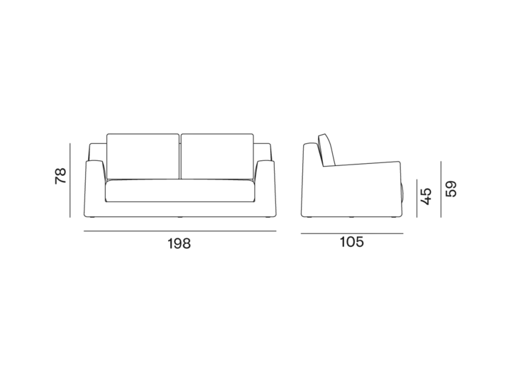loll-10@2x Découvrez la silhouette élégante d'un canapé aux dimensions : 198x78 vue de face, 105x59 vue de côté. Découvrez sa qualité inégalée dans notre salle d'exposition, où le style rencontre le confort. Canape Paris by Atelier Bis