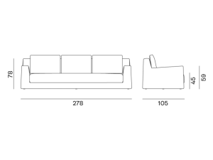 loll-14@2x Schéma d'un canapé aux dimensions : largeur 278 cm, profondeur 105 cm, hauteur 82 cm, hauteur d'assise 42 cm, hauteur d'accoudoir 62 cm. Fabriqué avec qualité pour les goûts raffinés de Paris. Canape Paris by Atelier Bis